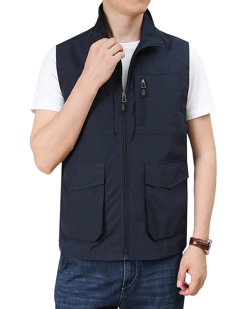 Hixiaohe Men's Casual Lightweight Outdoor Vest Work Fish Photo Travel Golf Vest Zip up Sleeveless Jacket with Pockets