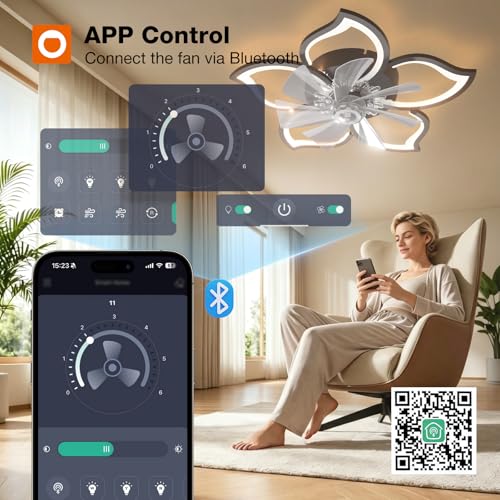 Image of addlon Ceiling Fans with Lights and Remote, 27'' Low Profile Flush Mount Ceiling Fan, 3000-6000K Dimmable LED Fandelier, Flower Fan Light for Bedroom, Kitchen, Living Room, Black