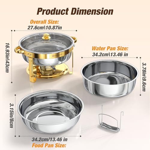 WARMOUNTS 6L Gold Chafing Dish Buffet Set - 4 Pack Round Stainless Steel Food Warmers with Glass Lid & Lid Holder for Catering Events - Image 9