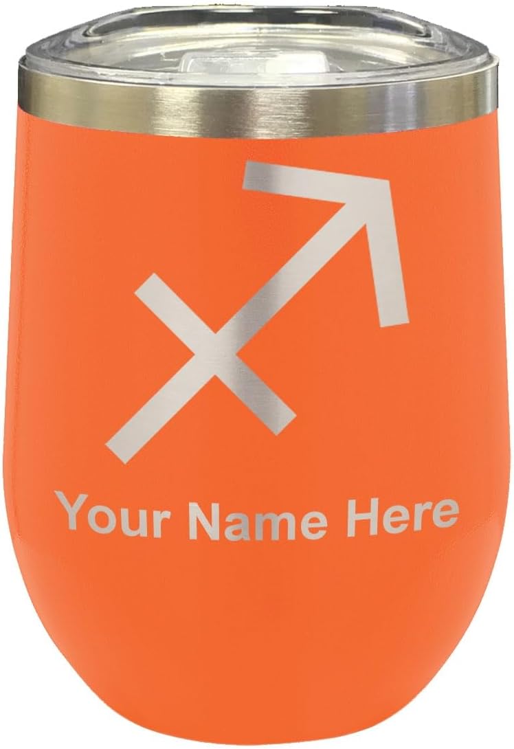 LaserGram 16oz Double Wall Stainless Steel Wine Glass Tumbler, Zodiac Sign Sagittarius, Personalized Engraving Included (Black)