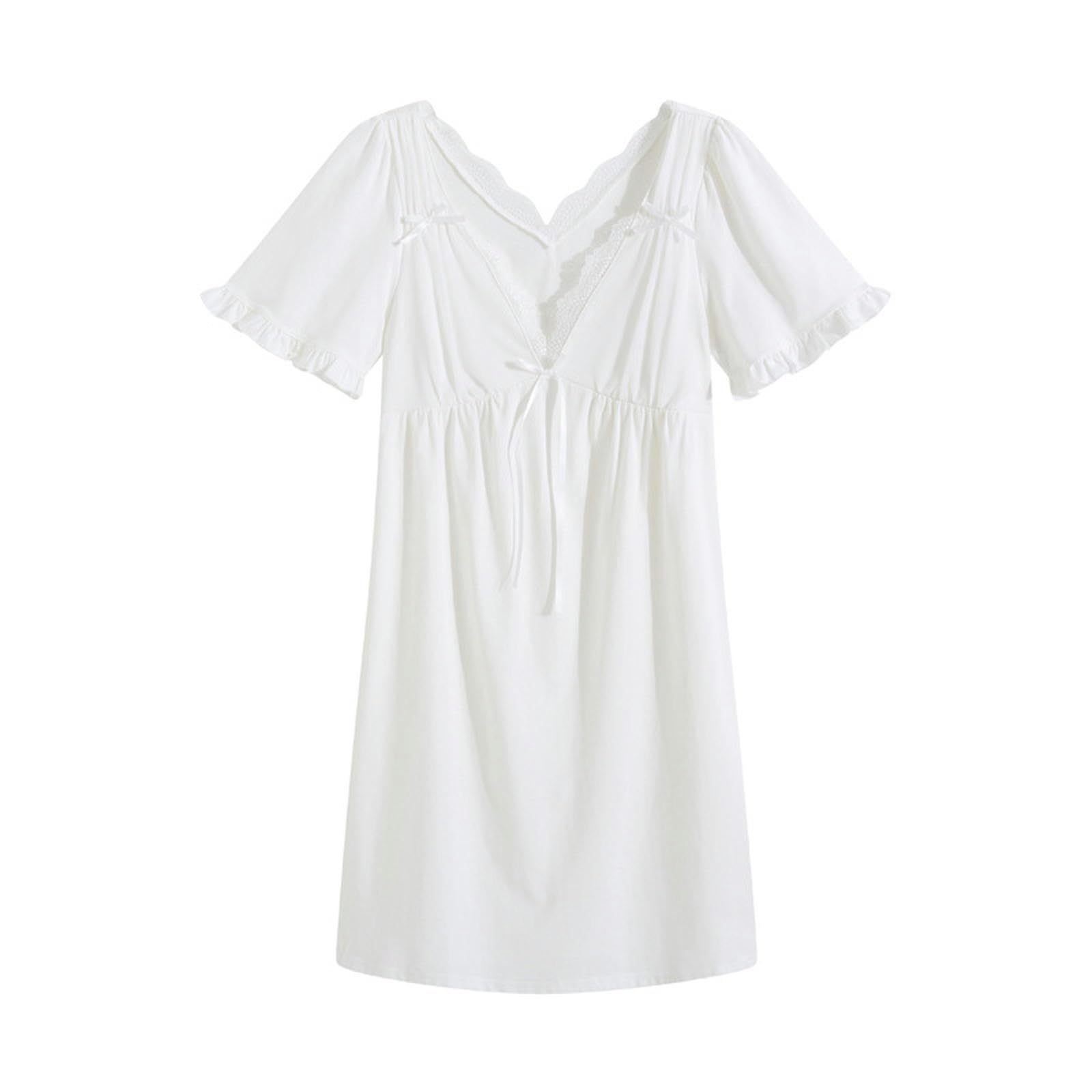 Camicia da Notte Donna Estiva Abito da Notte in Pizzo A Maniche Corte per Ragazze Primavera Ed Estate in Cotone Gonna Corta Dolce Principessa retrò Pigiama con Petto Pad-Bianco-M