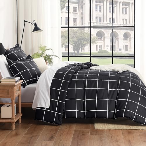 Image of Andency Black Full Size Comforter Set, 3 Pieces Plaid Grid Bedding Comforter Set for Boys Kids, All Season Soft Lightweight Polyester Gingham Geometric Bed Set