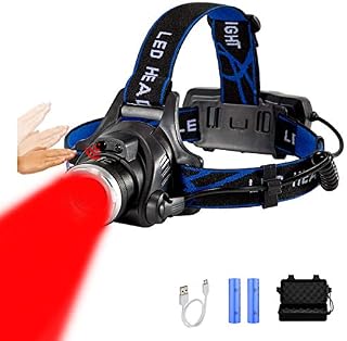 Red Light Headlamp 18650 USB Rechargeable Headlamp Zoomable Red LED headlight with 3