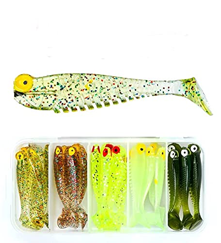 FAJIA 1.97 inch 25 PCS Fishing Luminous Soft Lure, T-Shaped Tail Silicone Fish-Shaped Artificial Lure Bait, Natural Ecological Trout Lure, Fishing Soft Lure (5 Colors)