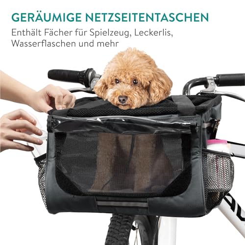 Navaris Hundekorb Fahrrad vorne - Hundefahrradkorb vorn - Fahrradkorb Hund - Für Hunde bis zu 10 kg - Praktische Zusatztaschen - Fahrradkorb Lenker mit Trageriemen - Grau