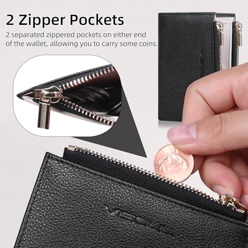 VISOUL Small Wallet for Women Genuine Leather, Compact Bifold Card Holder Wallet RFID Blocking with Zipper Coin Pocket (Black and Ivory)4