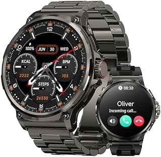 TICWRIS Smart Watch for men,100 Days Extra-Long Battery,1.85" HD Ultra Large Round Screen,Rugged Military Bluetooth Call(Answer/Dial Calls),AI Voice Assistant with 2 Watchbands(Stainless Steel+TPU)