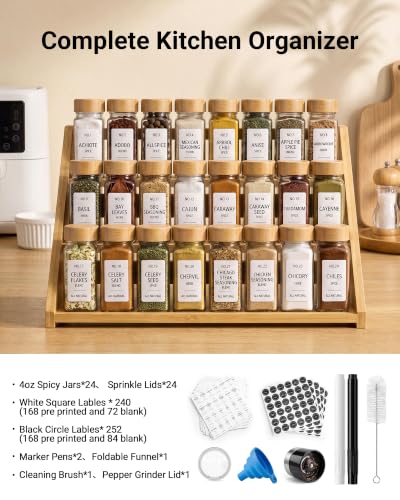 24 Pack Glass Spice Jars : 492 Lables & Pepper Grinder & Bamboo Lids | 4oz Spice Containers: Dual Shaker Lids, Cleaning Brush - Complete Kit for Cabinet, Drawer, Spice Rack - keep Spices Fresh - image 8