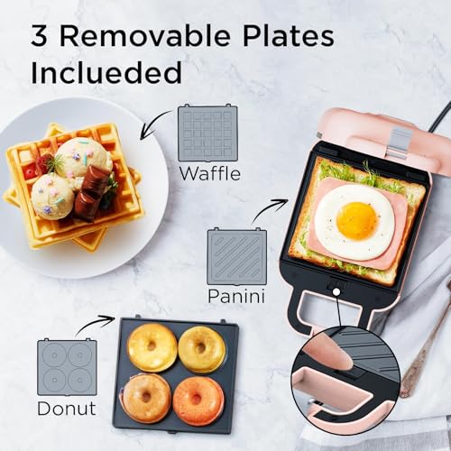 LIVEN - Mini Waffle Maker with 3 Shapes Removable Plates (Electric, Non-Stick), Small Chaffles Iron, Breakfast Machine for Belgian, Fried Donut, Hash Browns, Kids Individual Home (Pink)