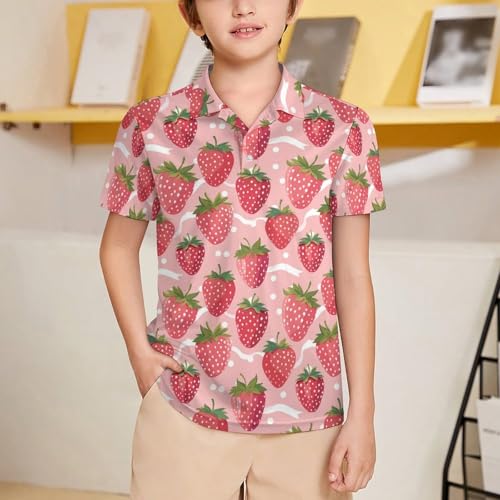 Boys' Classic Polo Shirts Short Sleeve Moisture-Wicking Golf & Tennis Shirts for Youth Teens Pink Strawberries2