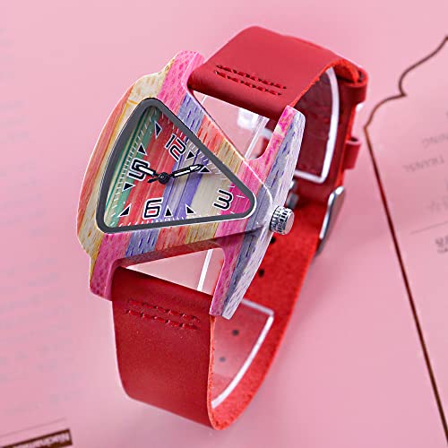 Unique Triangle Wooden Watch Ladies Quartz Watches ，Leather Wristband Ladies Watch, Wooden Watch Leather Band Gifts For Women -Red #TOP1