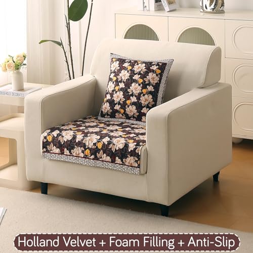Image of HOKIPO 'Florentina Series' Premium Holland Velvet Sofa Cover Mat for 1 Seater Sofa with Foam Filling for Extra Softness, Anti-Slip Backing, Camellia Brown (IN-878-V2*1)