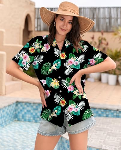 Image of SANGTREE Girls & Women's Hawaiian Shirts Button Down Short Sleeve Floral Tropical Shirt Beach Vacation Blouse Tops