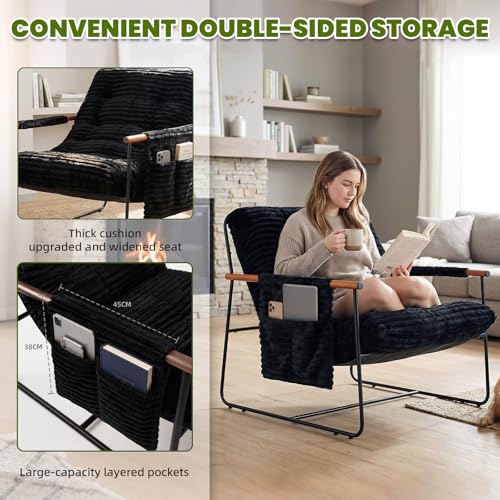 Modern Comfy Accent Chair, Cozy Corduroy Living Room Chair with Armrests Storage Pocket, Upholstered Lounge Chair Indoor, Lightweight Armchair for Bedroom Reading Nook Office Adults, Black - Image 4