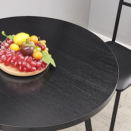 Image of VECELO Round Dining Room Table with Wood Grain Tabletop and Steel Frame, for Kitchen, Living Room, Office, Conference, 2 to 4 Person, Wood-Grain Black