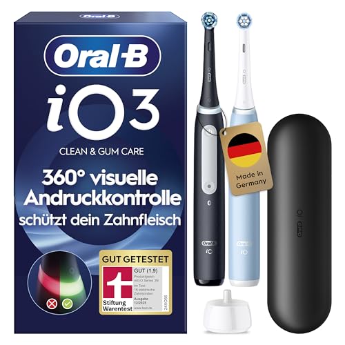 Oral-B iO Series 3 Elektrische Zahnbürste — Doppelpack — Electric Toothbrush, Inkl. 2 Aufsteckbürsten, 3 Putzmodi für Zahnpflege — Designed by Braun, GUT GETESTET von STIFTUNG WARENTEST, Schwarz/Blau
