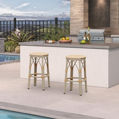 Image of PURPLE LEAF Patio Round Counter Height Stool Set of 2 Outdoor Backless Barstools Aluminum Frame in Champagne Finish with Amber & White Woven Rattan for Indoor Kitchen Dining Bistros Cafe Restaurant