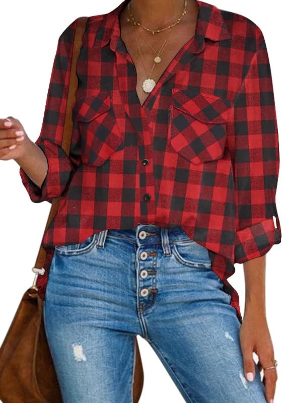HOTOUCH Women's Christmas Plaid Shirt Button Down Plaid Flannel Shirt Red and Black Shirt