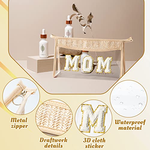 Boho Patch Makeup Bag For Mother Clear Toiletry Bag Varsity Letter Travel Cosmetic Bag Beige Transparent Waterproof Best Mother Zipper Makeup Pouch Mother's Day Gift For Women Girls (Mom) #TOP2