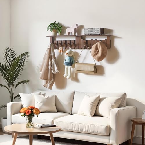 YMYNY Perchero Pared con Estante, Percheros Pared con Ganchos Retráctiles, Perchero Madera Pared para Entrada y Dormitorio para colgar Abrigos, Bufandas, Carteras y Más, Nogal, HWS008H-2 - imagen 5