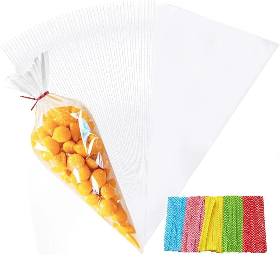 MAOUYWIEE Cone Bag 100PCS Mini Clear Cello Treat Bags Popcorn Bags 5.1 by 9.8 Inch Triangle Cellophane Bag with Dot Twist Ties