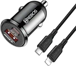 Kit Carregador Veicular Mini 20W Turbo para iPhone 14, 13, 12, 11, 10, 9, 8, Lightning