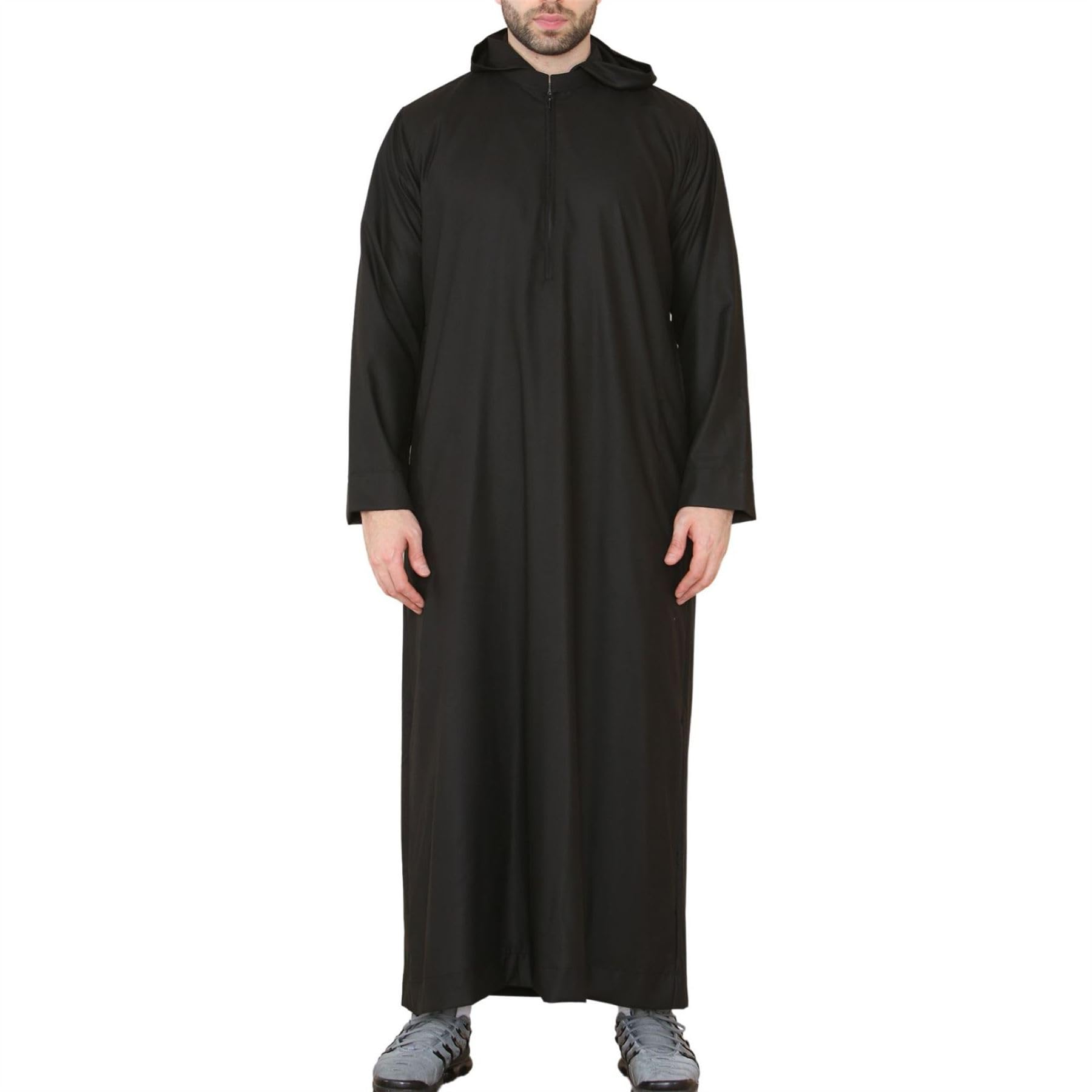 Thobez Men's Black Hooded Thobe Nehru Collar Islamic Clothing Muslim Kaftan Robe Saudi - Medium - Regular
