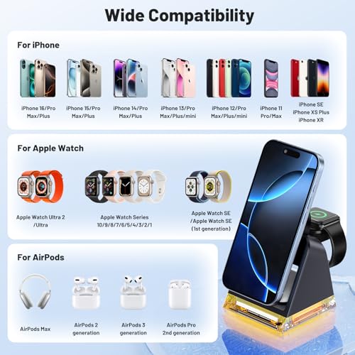 Image of 3 in 1 Fast Charging Station for Multiple Apple Devices, Portable Wireless Charger Stand with Magsafe,Magnetic Travel Charge Dock for iPhone 16e /15 Pro Max /14 Plus /13 Mini /12 /Apple Watch Ultra /AirPods