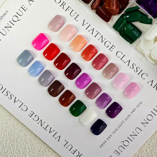 Image of 576Pcs Short Square Press on Nails Glossy Full Copver Fake Nails Solid Color False Nails Pure Color Glue on Nails Reusable Artificial Acrylic Stick on Nails for Women 12 Colors Manicure