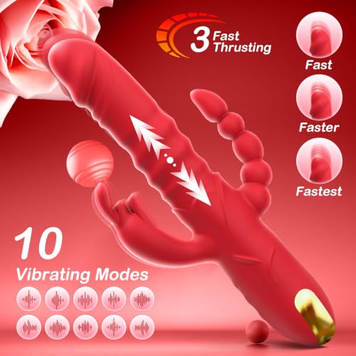 Image of SUPOLA Thrusting Rabbit G Spot Dildo, 4 in 1 Sex Toys for Women, Red | 3 Thrust & 10 Vibration Modes with Anal Clitoral Stimulation, 4 Powerful Motors, Soft Silicone, Waterproof, USB Rechargeable