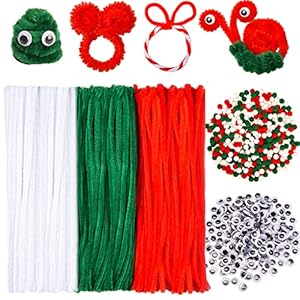 XNHIU Lot de 750 cure-pipes de Noël – 150 pièces – Rouge, vert, blanc – En chenille – 300 pièces – Yeux mobiles – 300 pompons – Pour loisirs créatifs (rouge, vert, blanc)