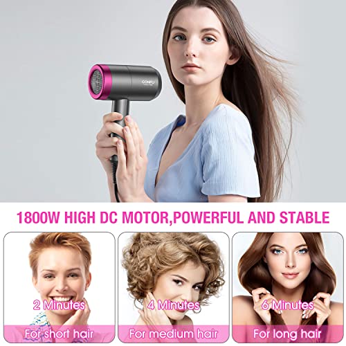Ionic Hair Dryer, Confu 1800W Portable Lightweight Blow Dryer, Fast Drying Negative Ion Hairdryer Blowdryer, 3 Heat Settings & Infinity Speed, With Diffuser And Concentrator Nozzle For Home & Travel #TOP2