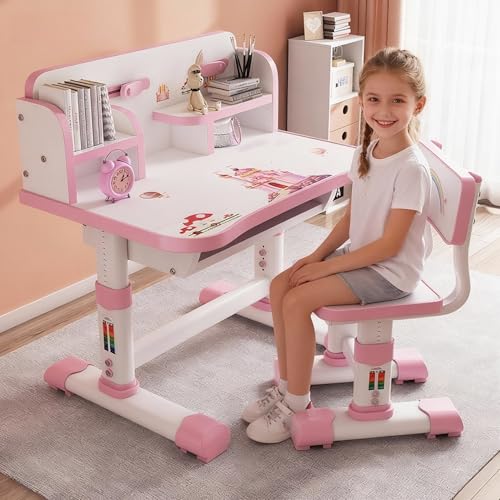 Luojuny Kinder Tisch Stuhl Set, Kinderschreibtisch Höhenverstellbar,Schreibtisch Kinders Mädchen Mädchen & Jungs,Karikatur kinders Schreibtisch, Kinderschreibtisch Mit Stuhl und Schublade (Rosa)