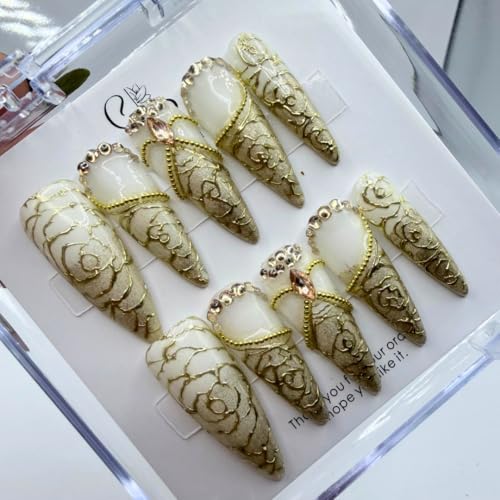 Baroque Gold Filigree Press-On Nails, Luxury 3D Floral Stiletto, Milky