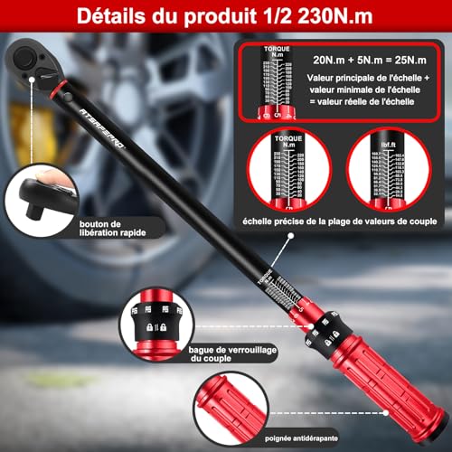 ATsafepro Clé Dynamométrique 1/2" 20-230 Nm,avec Adaptateur 1/2" à 3/8" et Barre d'Extension 125 mm,Précision ±3% 72 Dents pour Voiture, Moto, Camion – vue 4