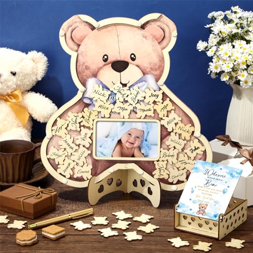 Image of Wenqik 63 Pcs Bear Baby Shower Guest Book Alternatives Set Baby Shower Decorations with Photo Frame Sonogram Frame Keepsake 60 Wood Slices Guest Book for Birthday