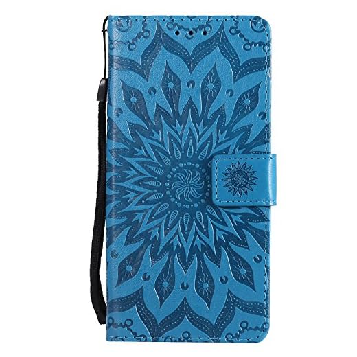 LEMORRY Sony Xperia L1 fodral läder plånbok ficka smal passform stötfångare skydd magnetisk rem stativ kortfack mjukt TPU-fodral för Sony Xperia L1, G3311, G3312, G3313, blom (blå)