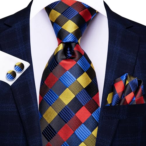 Image of Hi-Tie Mens Plaid Ties Classic Paisley Necktie with Handkerchief Cufflinks Set Business Stripe Tie