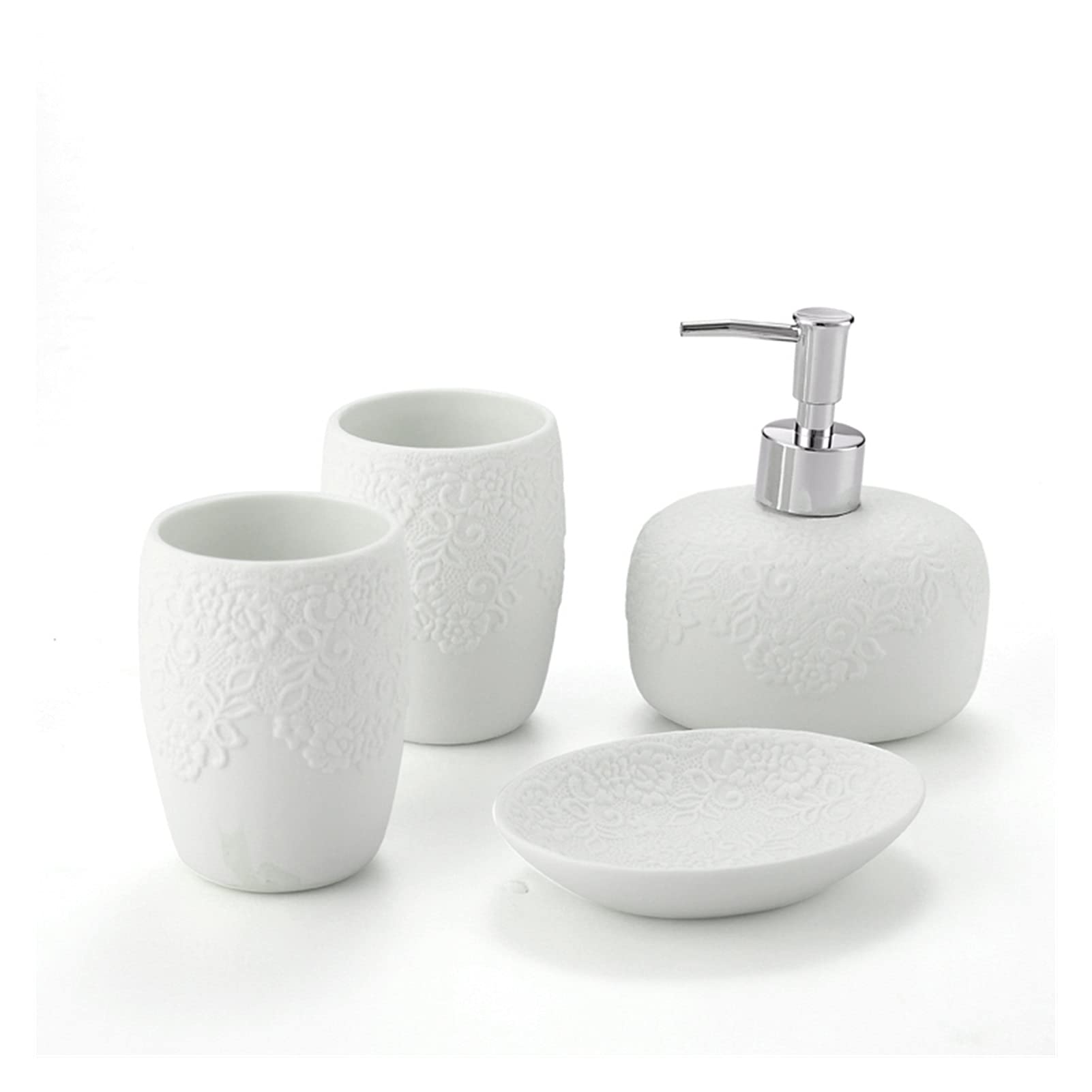 Zestaw dozowników mydła, nowoczesne 4-częściowe białe ceramiczne akcesoria łazienkowe, elegancki dozownik mydła kuchennego i hotelowego do mydła w płynie i mydła do naczyń