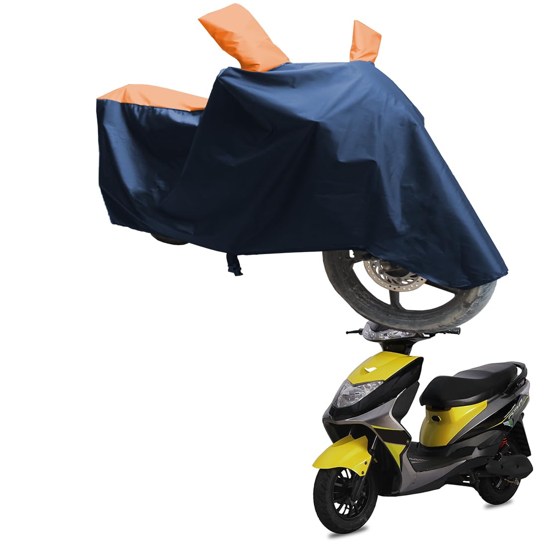 SS (FOR YOUR SMART NEEDS)® UV Protection & Dustproof with Mirror Pocket Bike Body Cover Compatible with Ampere REO | (Rasain Yellow | Blue)