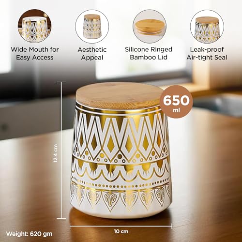 Image of UMAICeramic Jars For Kitchen Storage With Bamboo Lids And Tray | Airtight Kitchen Containers Set | Kitchen Accessories Items | Multipurpose Jars For Pickles Dry Fruits Nuts Pulses | 650ml (Set of 3)
