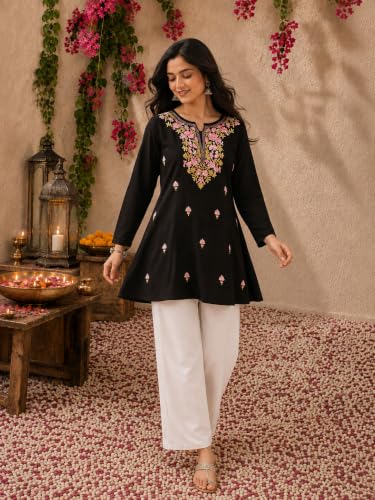 Image of QAZMI Women's Bahar Kashmiri Zari Resham Work Viscose Rayon Full Sleeves A-Line Short Kurti