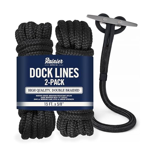 RainierSupplyCo Dock Lines 2-Pack - Boat Rope for Docking with Loop - 15 ft x 5/8 Inch Premium Double Braided Nylon Marine Rope - Mooring Line with 15 Eyelet - Boat Accessories - Black