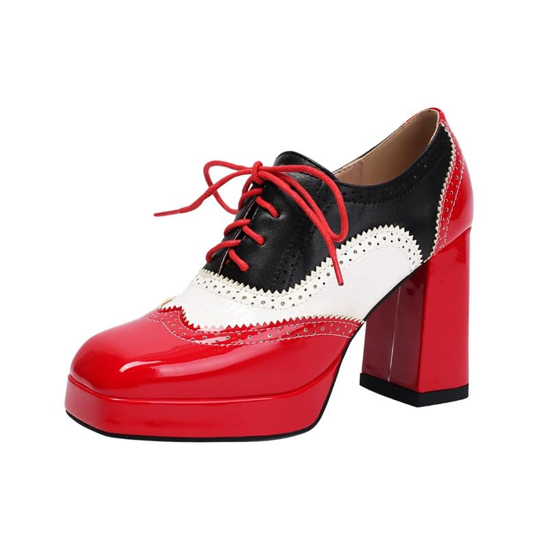 Women’s Color Matching Lace-Up Square Shoes with Flower Detail-image-10
