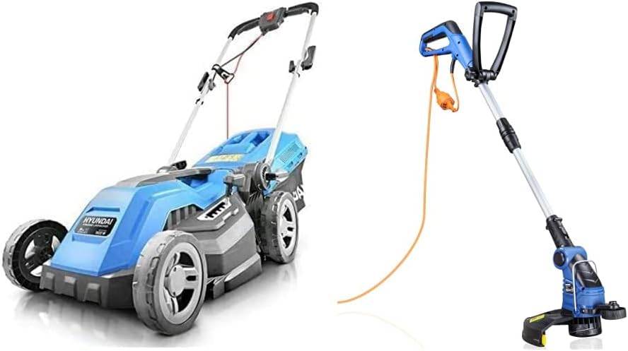 Hyundai HYM3800E 1600W 230V Corded Electric Rotary Lawnmower With Rear Roller, 38cm Cutting Width, Mulching, Blue & Grass Trimmer, 600W, 29CM / 290mm / 11.4” Cutting Width Grass Strimmers Electric