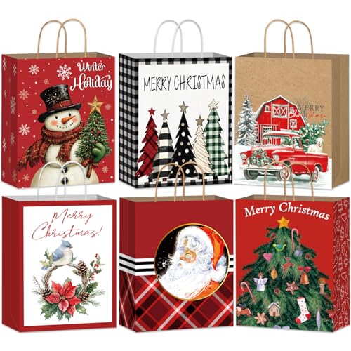DECHISY 12 Pack Christmas Bags with Handles Xmas Gift Bags Christmas Paper Bags for Presents with 6 Cute Designs Xmas Party Favor Holiday Decoration 23x18x10cm
