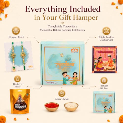 Image of Gifticon Rakhi Set for Brother with Chocolate | Premium Designer Rakhi, Chocolate, Roli Chawal, Greeting Card & Premium Gift Box | Rakhi Hamper for Raksha Bandhan | Evil Eye Rakhis