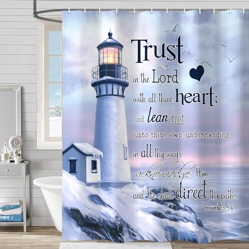 Nautical Ocean Lighthouse Shower Curtain Set for Bathroom, Bible Verse Coastal Beach Fabric Shower Curtain Restroom Bathtub Decor Accessories with Hooks 69X70 inch - Image 3