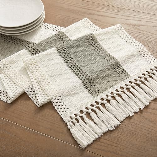 Image of ZeeMart Macrame Style Bicolor Stitching Table Runner, 14 x 108 Inch Dark Sage /Ivory, Boho Grey Sage Table Runners 108 Inches Long, Farmhouse Woven Home Decor