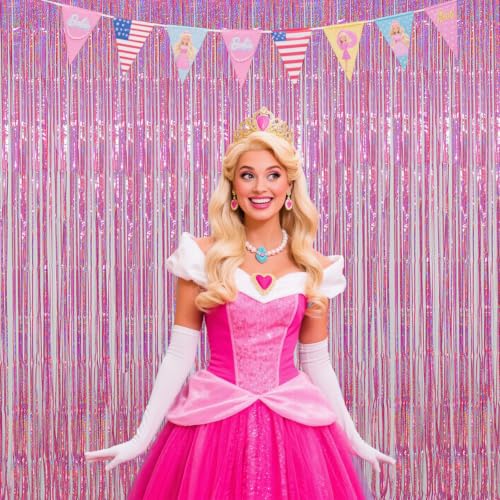 Image of Pink Foil Fringe Curtains Party Decorations, 3.28x6.56ft Sparkling Streamer Tinsel Backdrop for Girls /Princess Birthday Party
